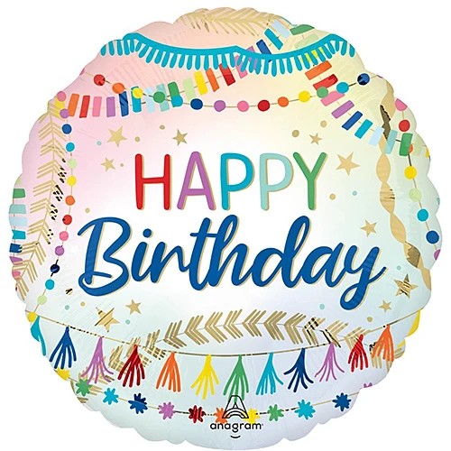 Round foil Happy Birthday balloon with colorful confetti and fringe border, multicolor lettering