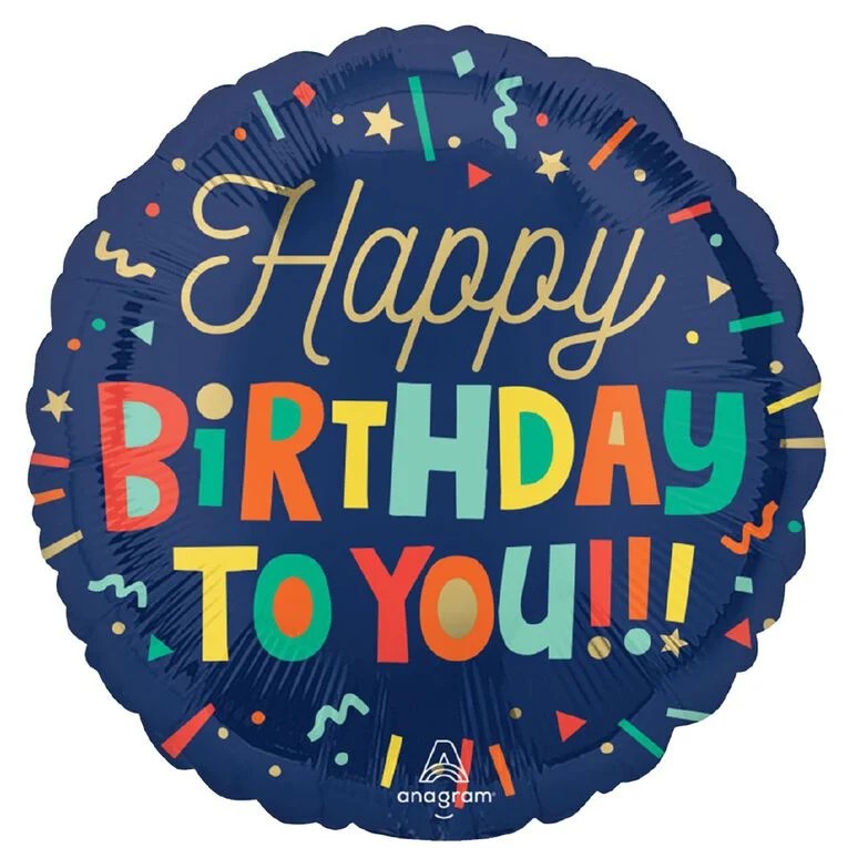 Round dark blue foil birthday balloon, “Happy Birthday to You” multicolor print