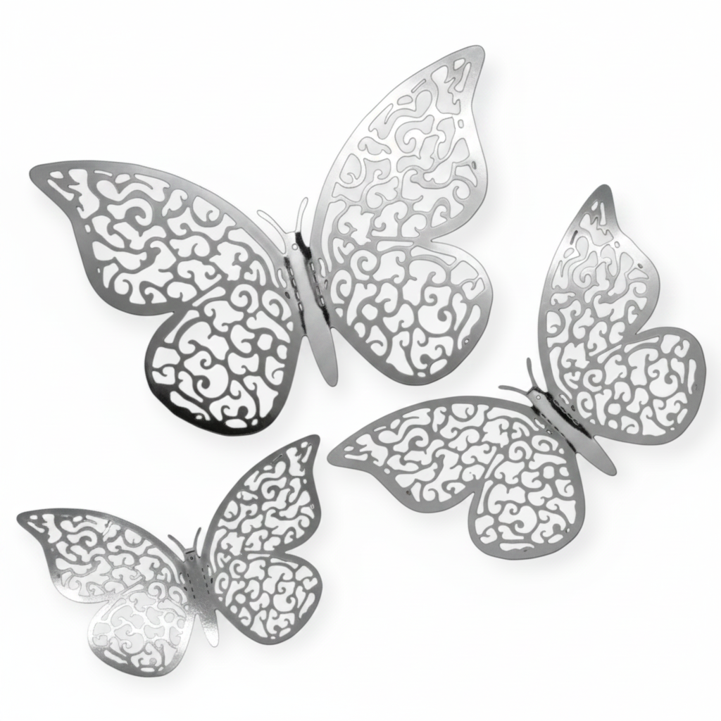 Silver 3D butterfly stickers, set of 6, assorted sizes