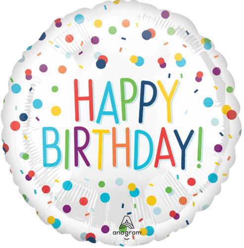Happy Birthday foil balloon with multicolor confetti dots and text, round shape