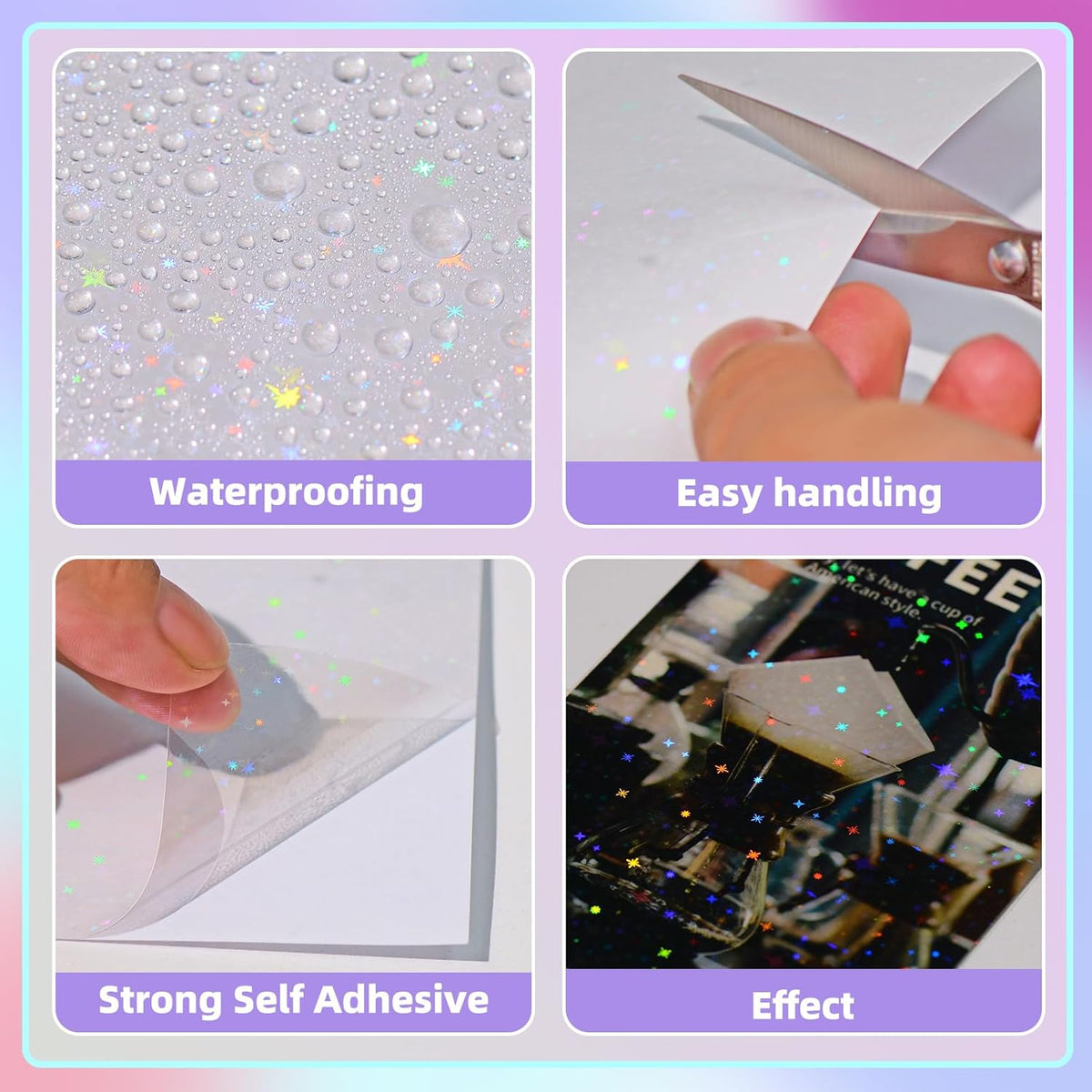 Holographic transparent self-adhesive sticker paper sheet with iridescent speckle, being peeled