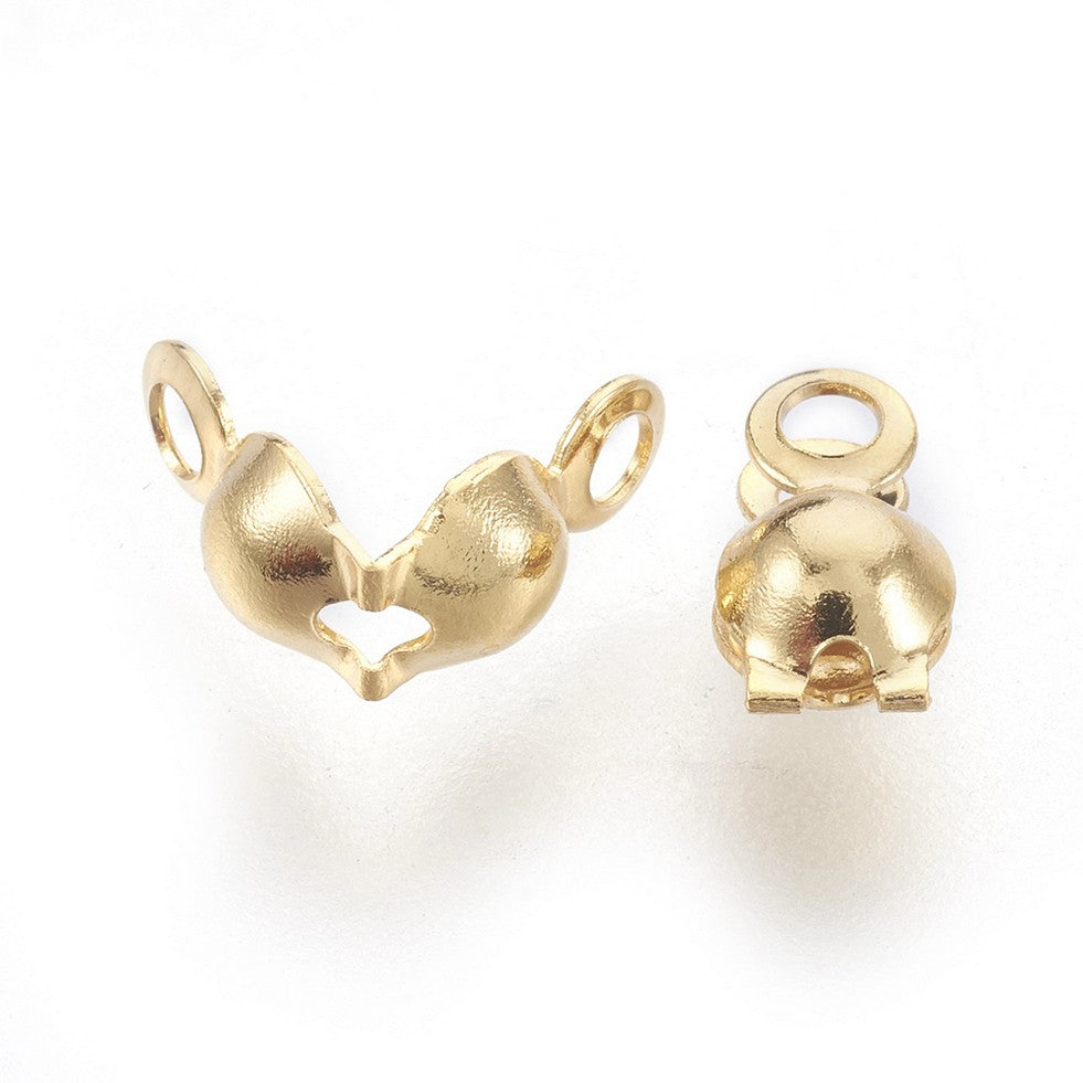 Gold-plated bead tip calotte ends with looped openings, two-piece view