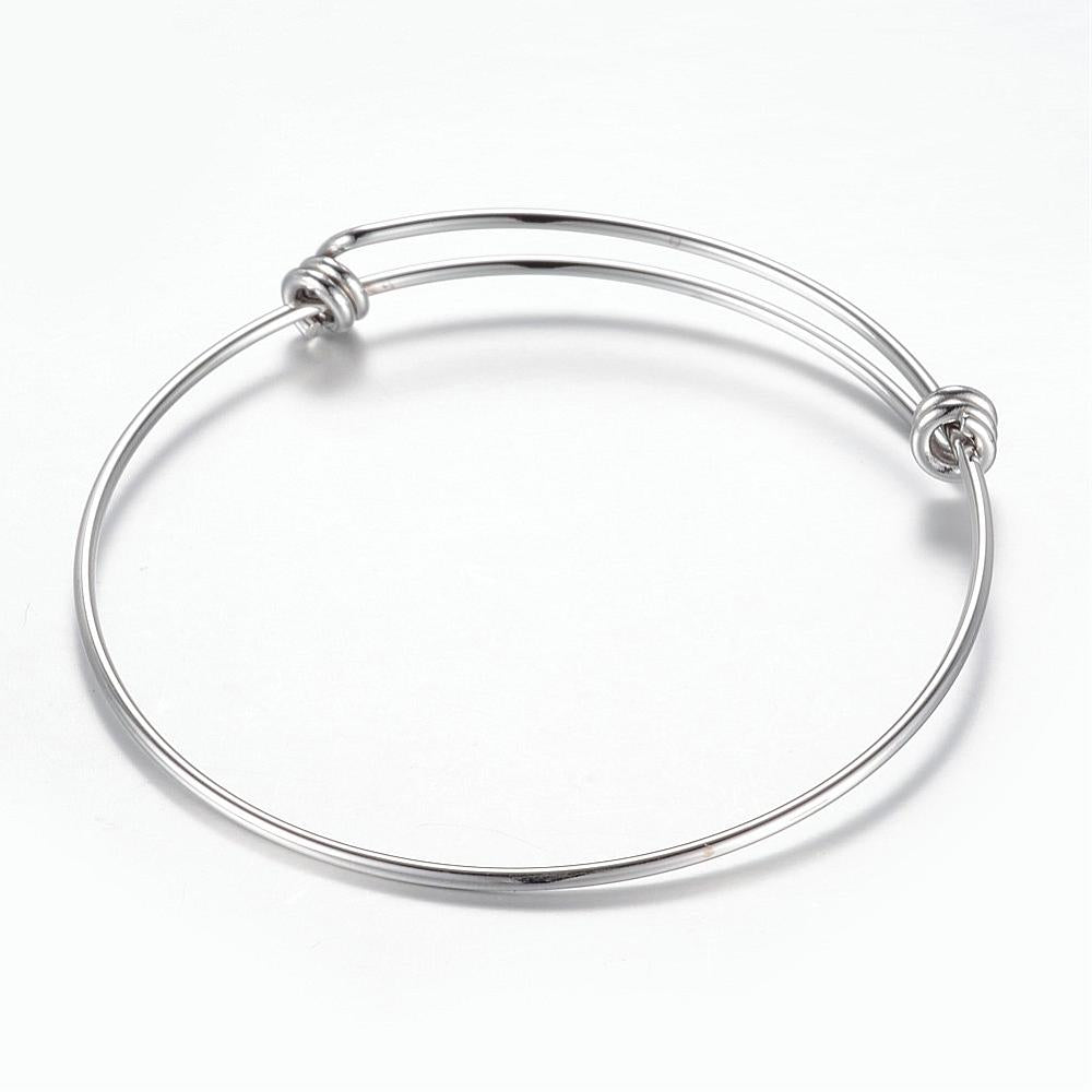 Adjustable stainless steel bangle blank, silver tone, open cuff loop style