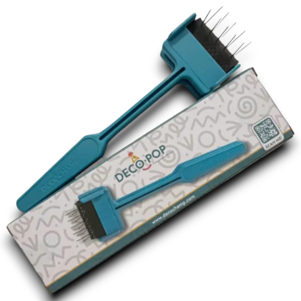 Balloon popper tool with teal handle and metal prongs on a card