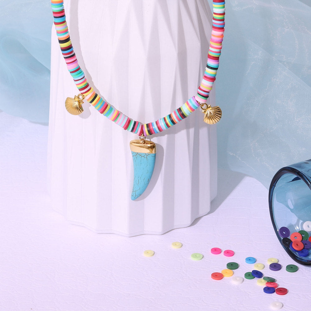 Polymer clay heishi disc bead necklace with pendant and layered round beads