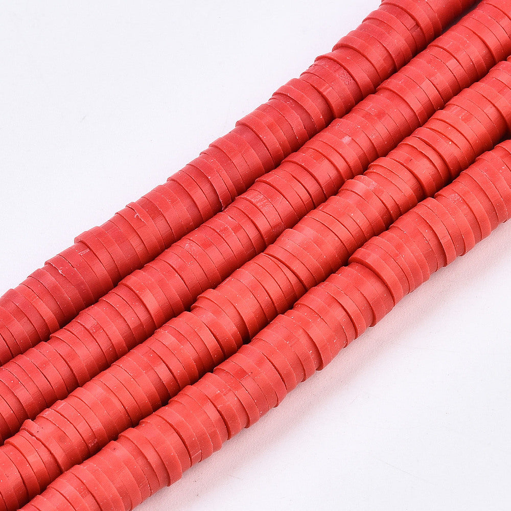 Red polymer clay heishi disc beads strand, small round flat discs