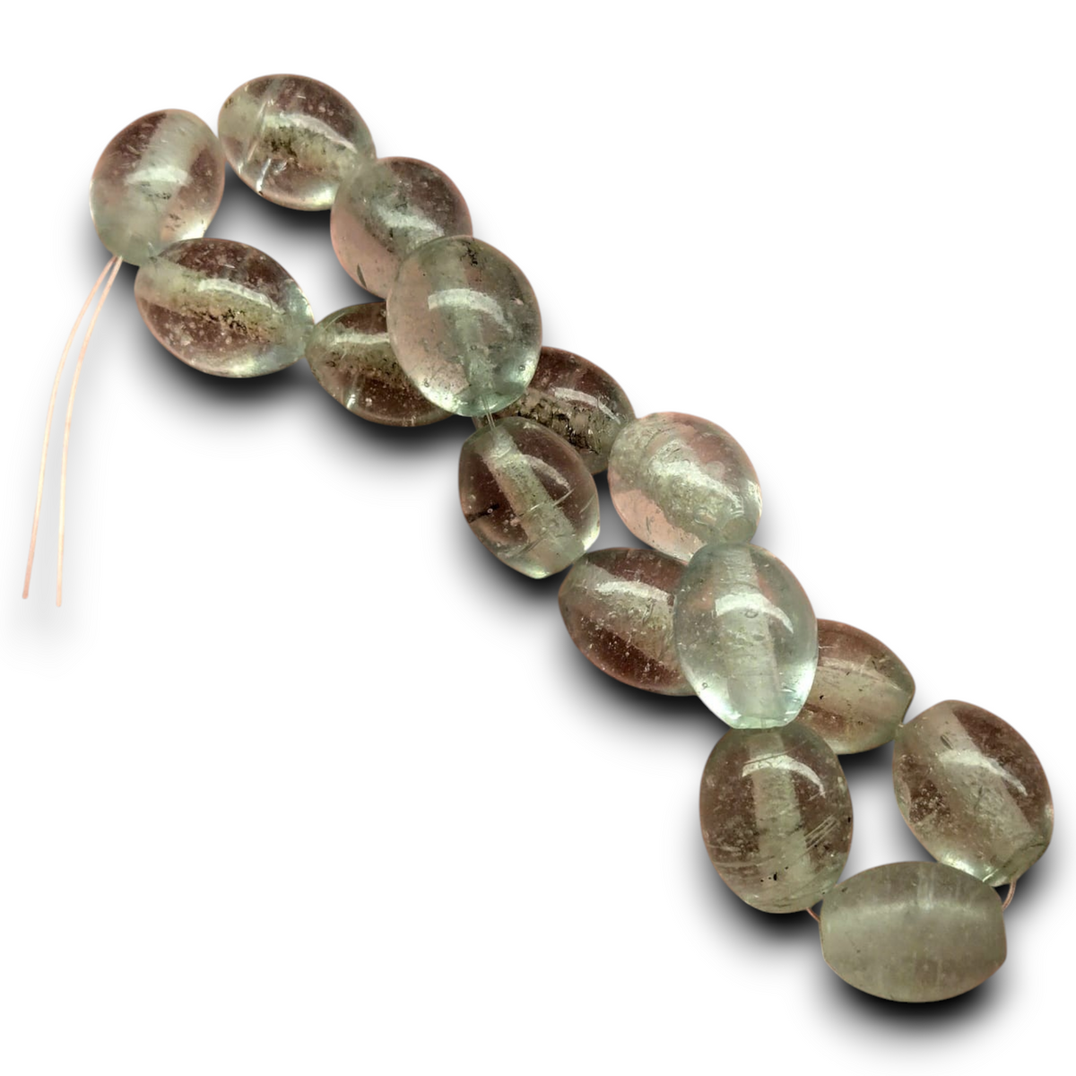 Bowed tube glass bead strand, clear olive-brown with speckled texture