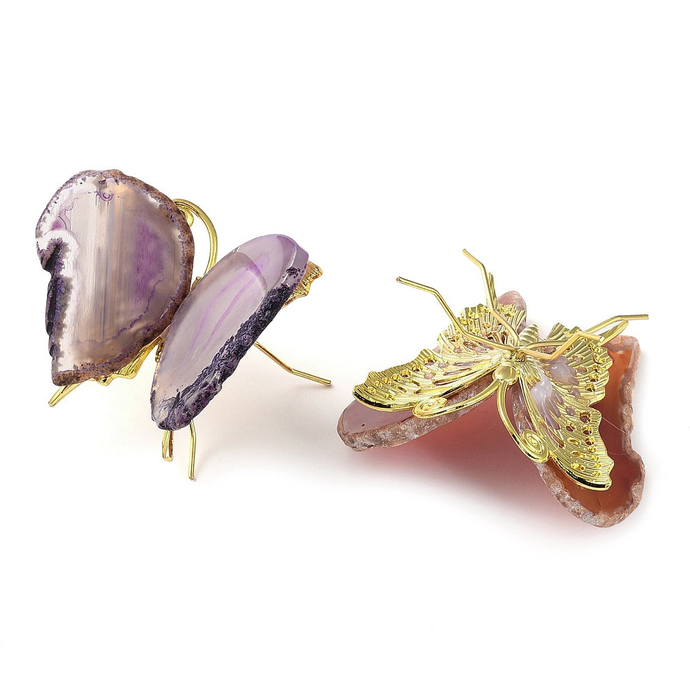 Agate butterfly display decoration with brass holder and two mounted butterflies