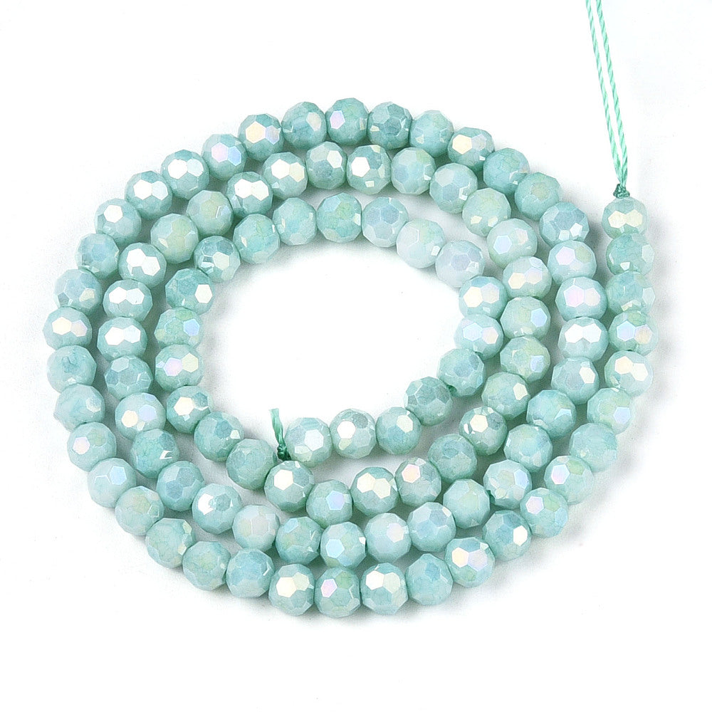 Faceted round glass beads, turquoise with AB iridescence, 4mm