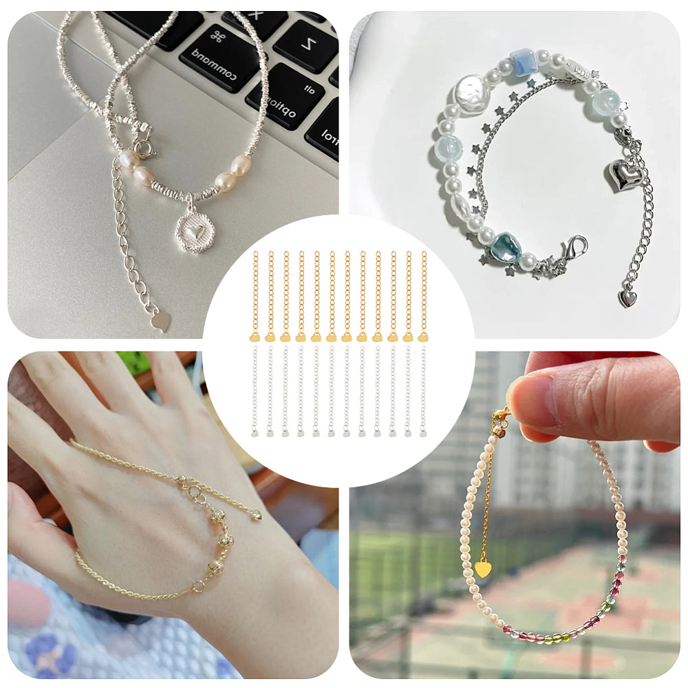 Heart tab curb chain extender with heart charm, shown in silver and gold finishes
