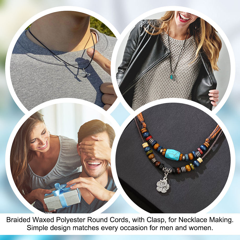 Braided waxed round cord necklace with clasp and bead accents