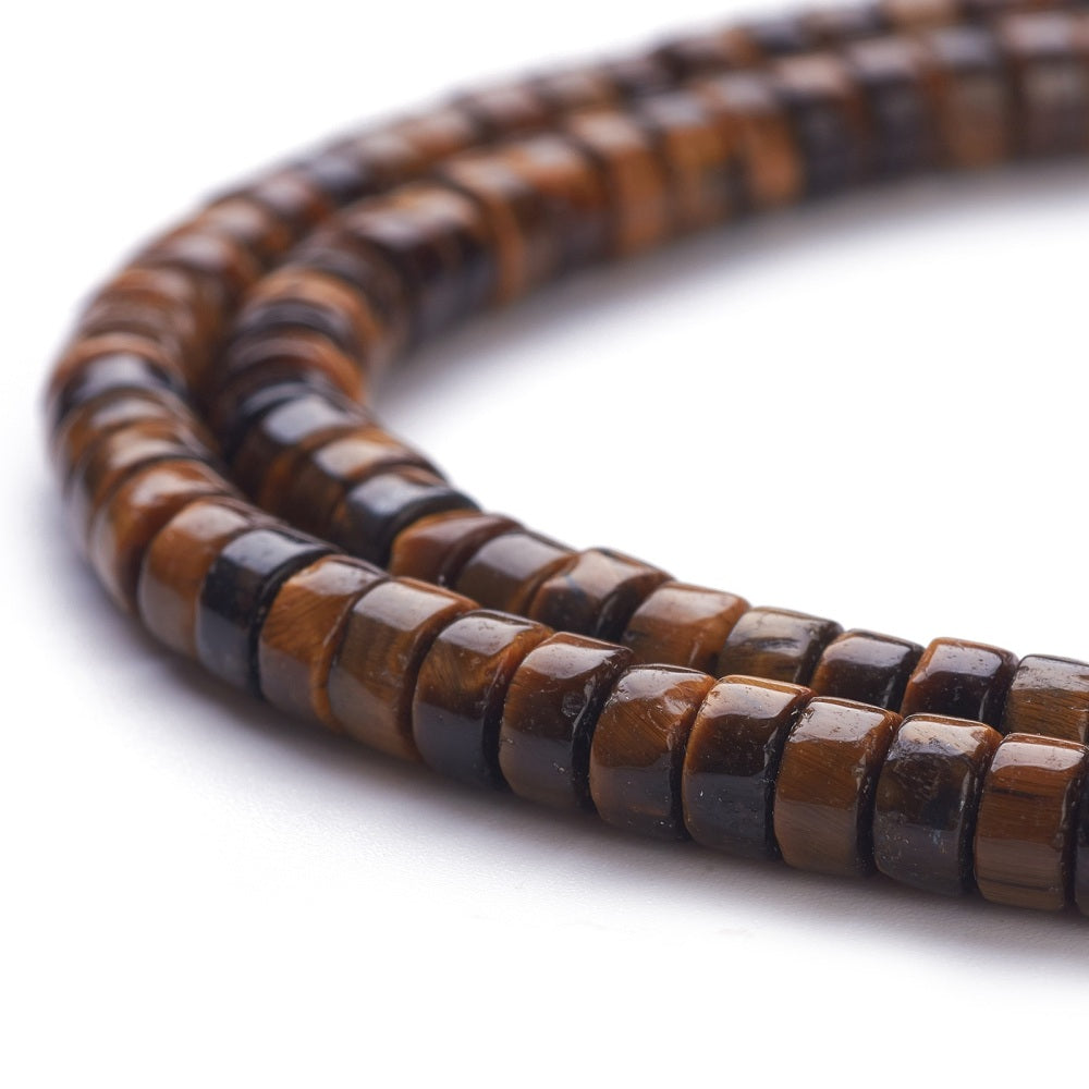 Tiger eye heishi beads, flat round 4mm, brown and dark stripe detail on strand