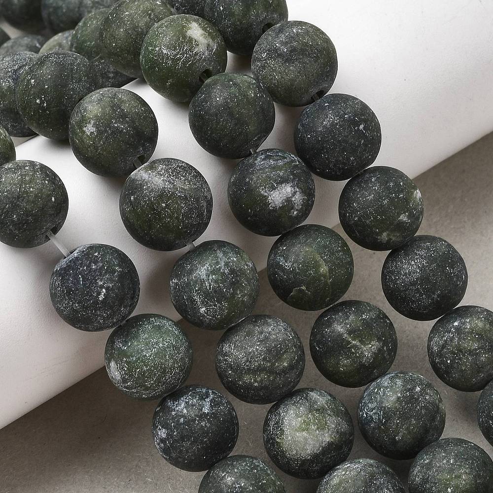 Mixed dark green round jade beads, frosted matte finish, scattered close-up