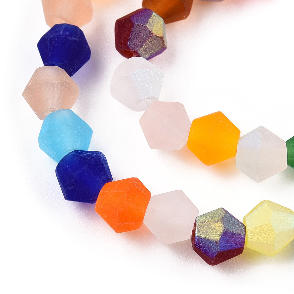 Frosted glass bicone beads, frosted faceted hex pieces, bright and pastel colors, 3.5mm