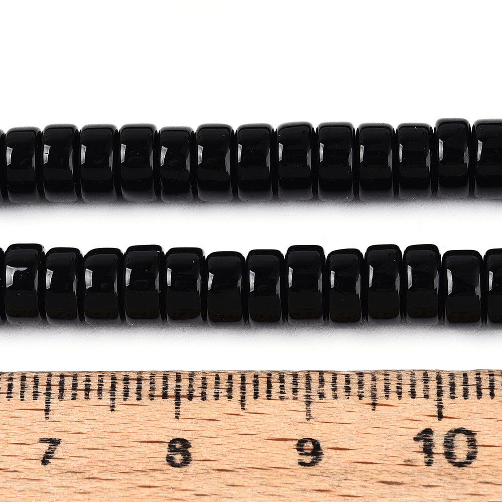 Black opaque glass flat round bead strand with glossy finish