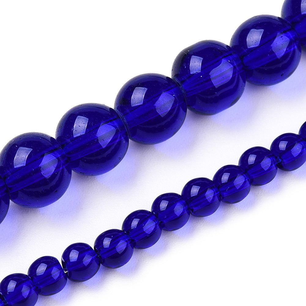 Dark blue transparent glass round beads strand, single row, glossy 8–8.5mm beads