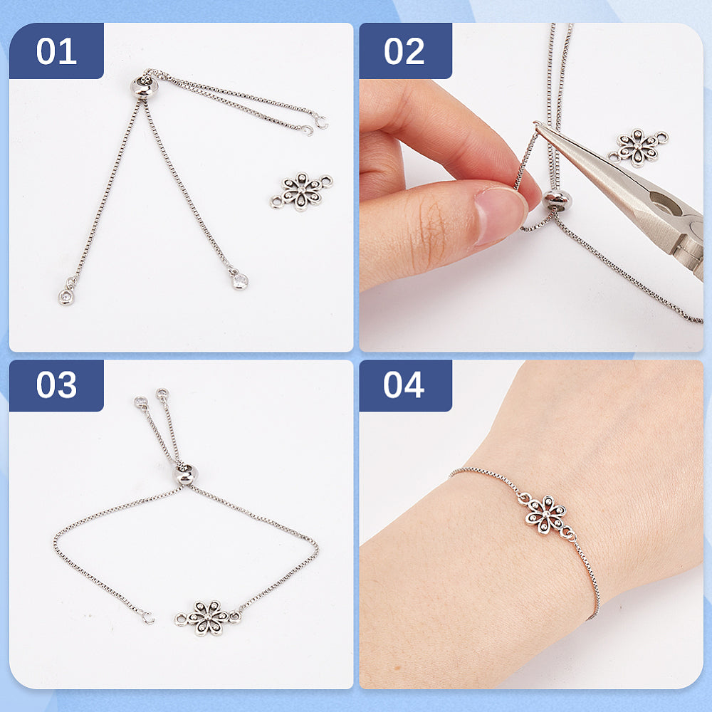 Adjustable slider bracelet with silver-tone chain and dangling clover charm
