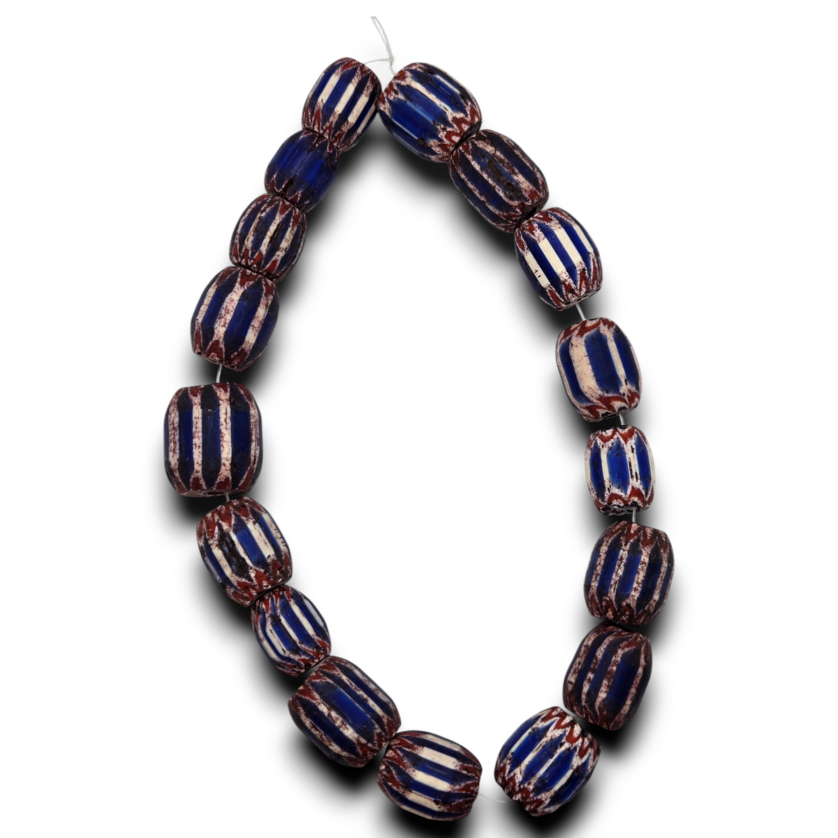 Striped glass barrel beads with red, white, and blue chevron motif