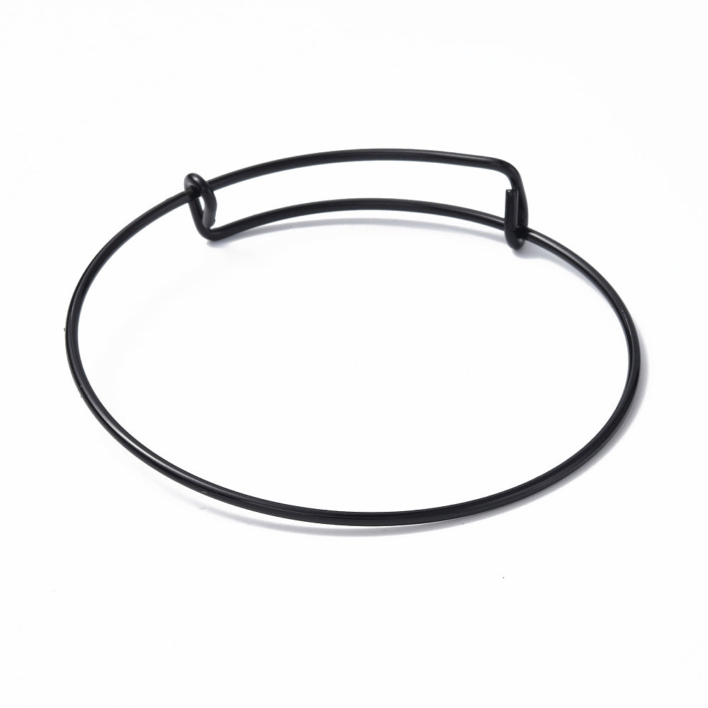 Black wire bangle bracelet with open rectangular clasp and two end loops