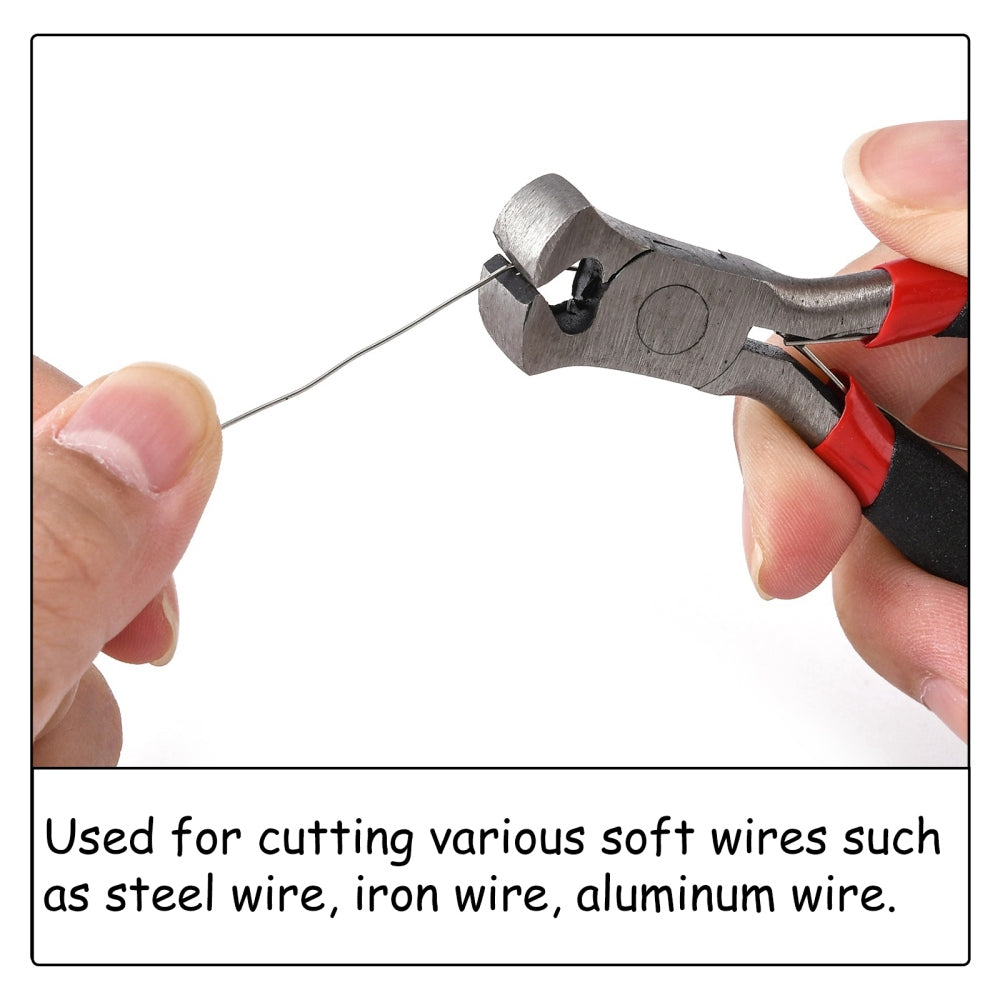End cutting pliers holding a thin wire near the jaws, black handles with red accents