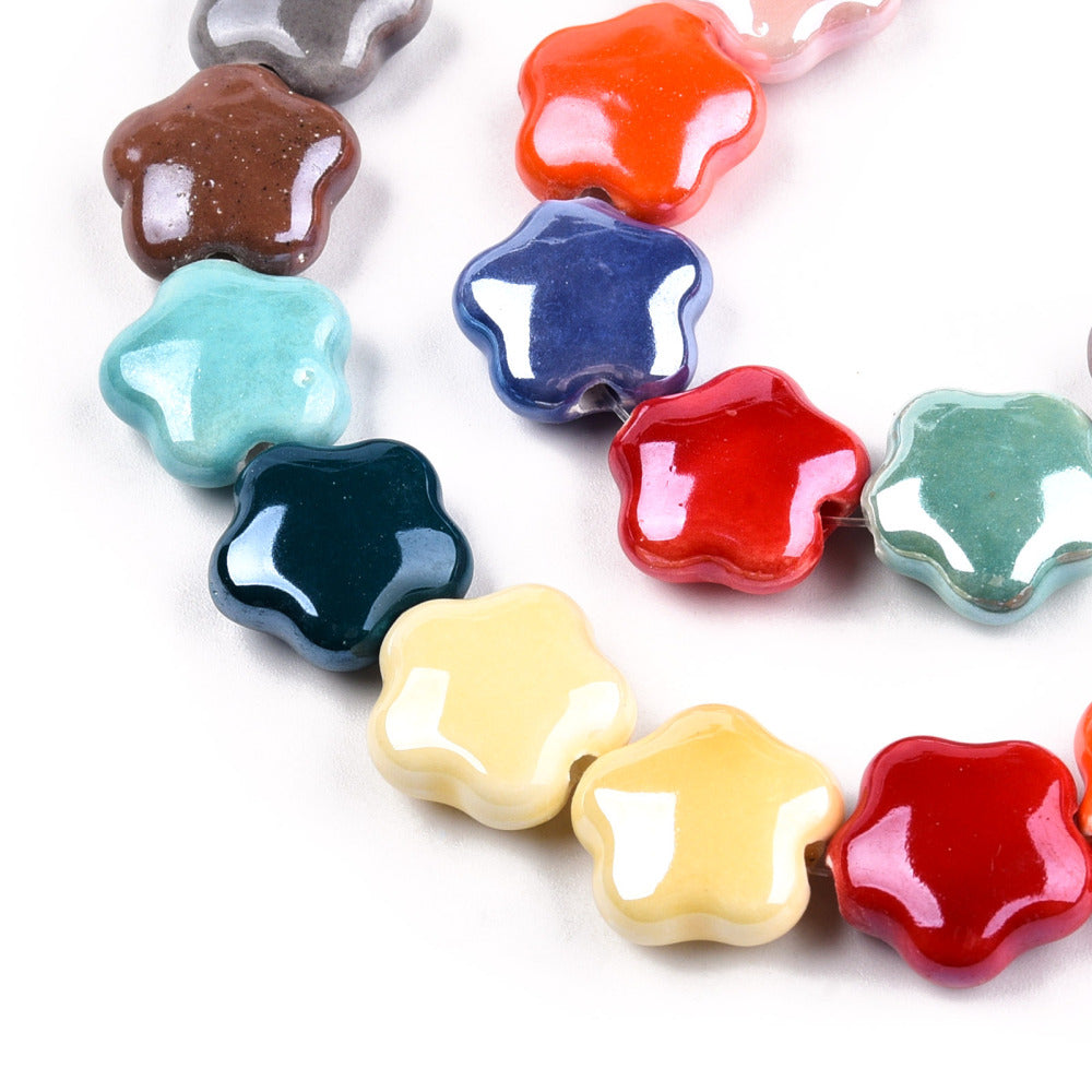 Handmade glazed porcelain flower beads strand in blue, red, green, white, yellow, brown