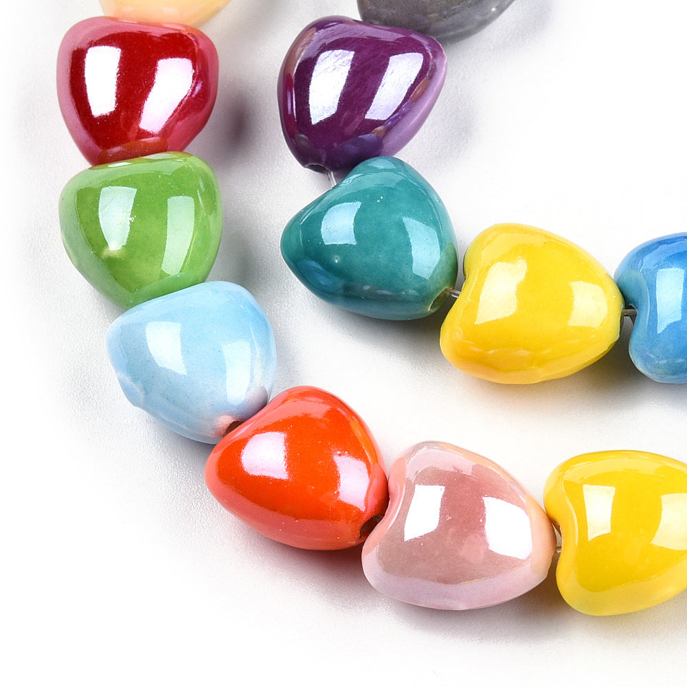 Close-up of mixed-color heart beads with high-gloss glazed surfaces