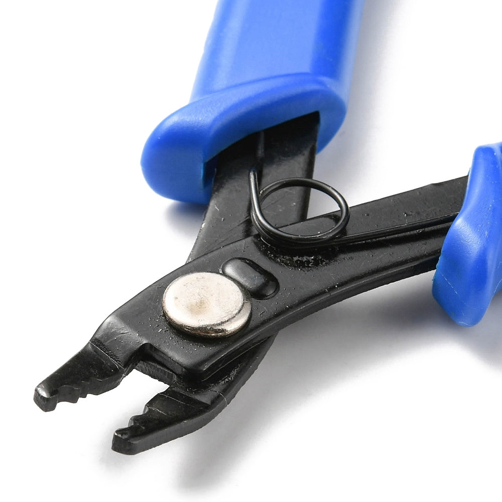 Carbon steel crimper pliers close-up: black crimp jaws, blue handle grips, metal plate