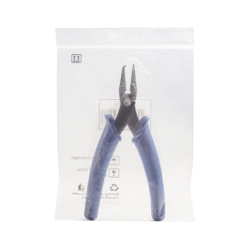 Split ring opener pliers in clear retail bag with blue grips and black jaws
