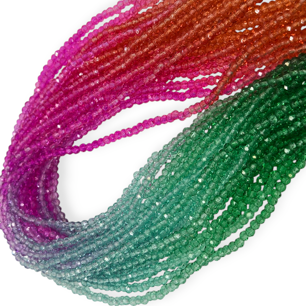 Faceted glass rondelle beads, multi-color fuchsia red orange teal and emerald strands