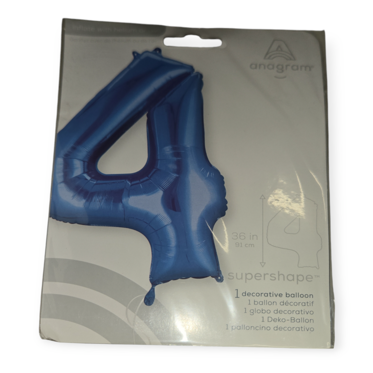 Blue foil number 4 balloon, supershape style, 34 in tall