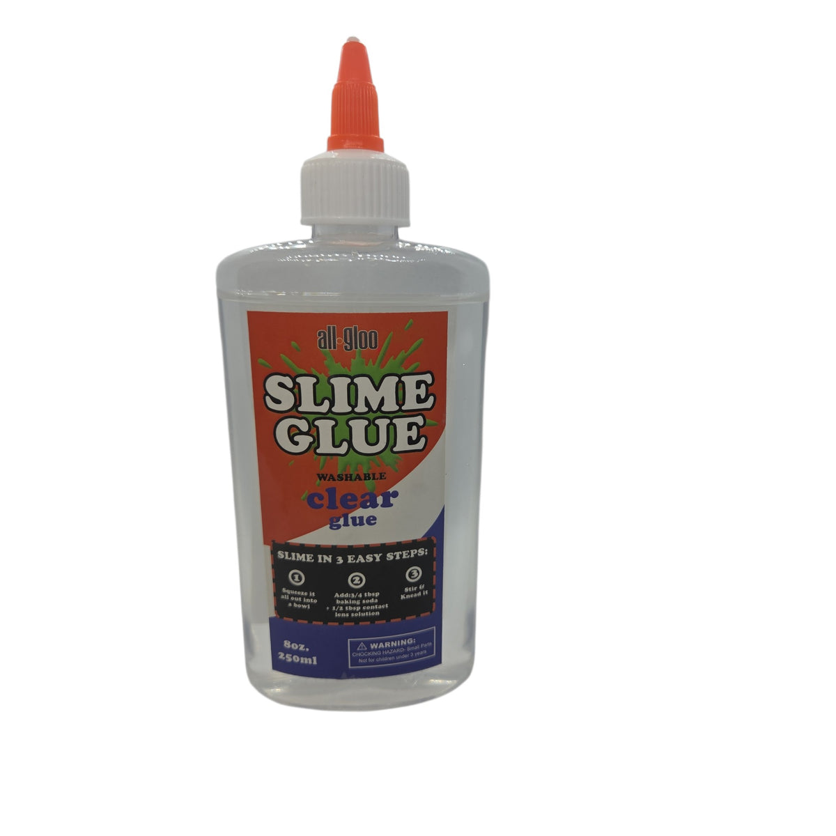 Clear slime glue bottle with orange cap, washable 8 oz, transparent liquid