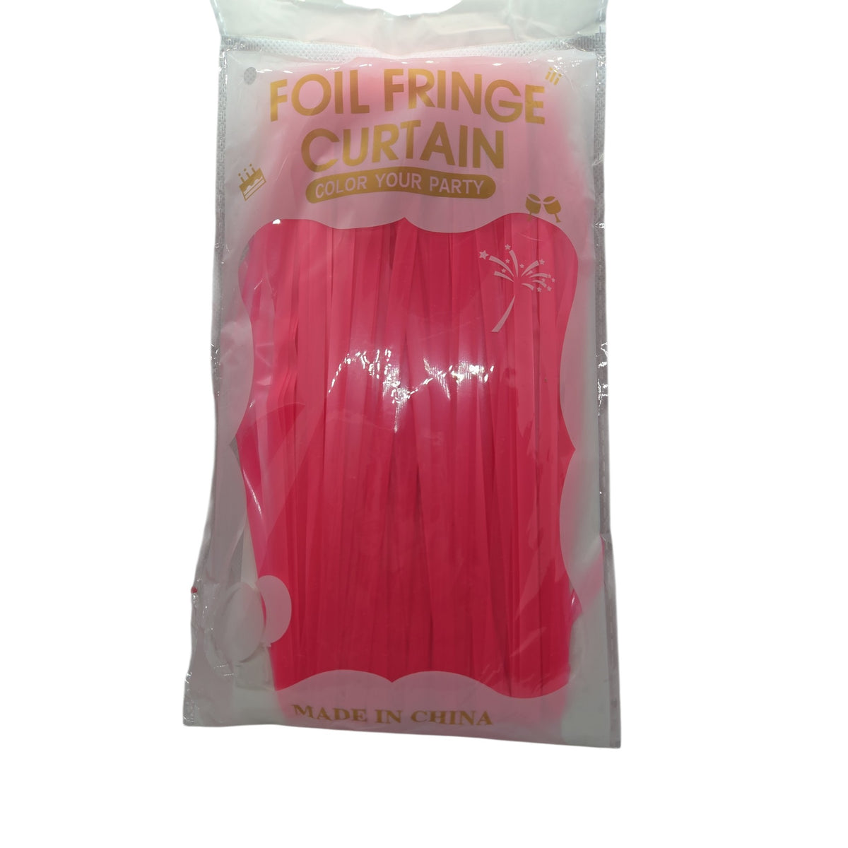 Neon pink foil fringe curtain, packaged