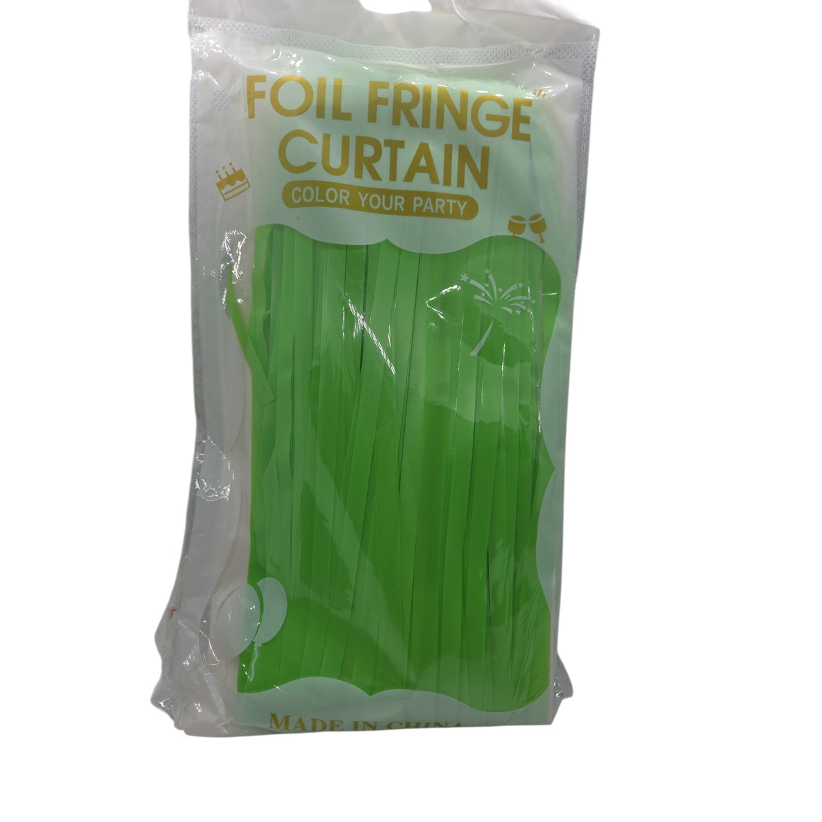 Neon green foil fringe curtain with hanging strands