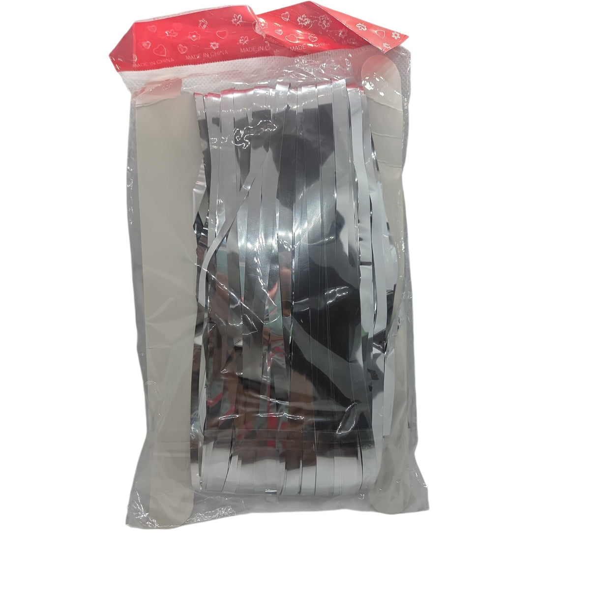 Silver foil fringe curtain, packaged bundle with hanging strip ends