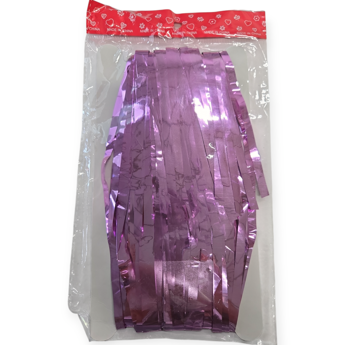 Lavender metallic foil fringe curtain, crinkled vertical strips in a clear package.