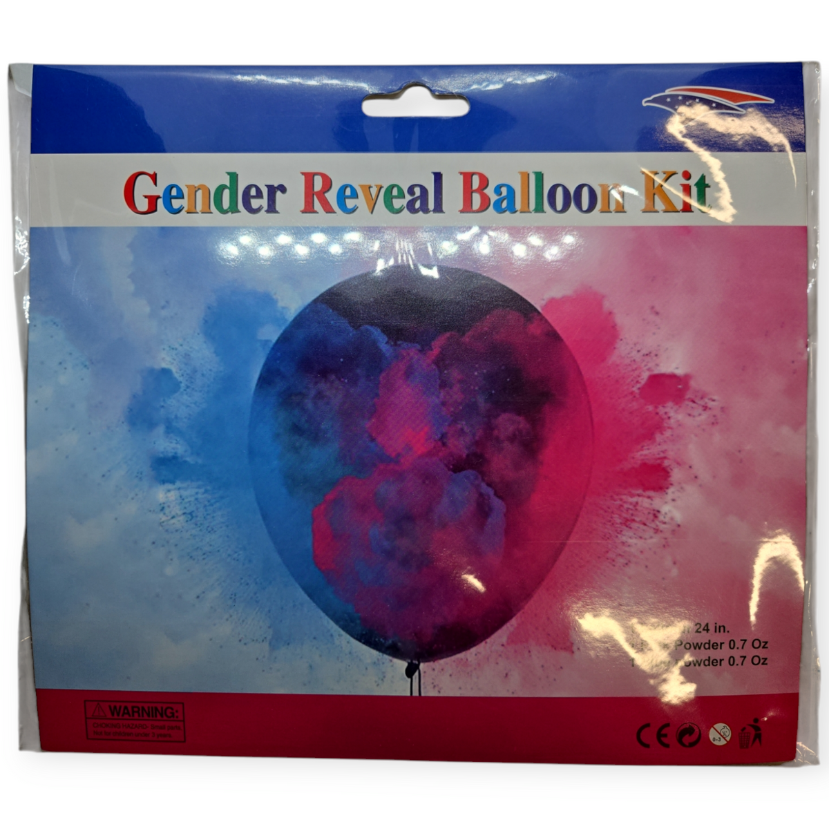 Gender reveal balloon kit with blue and pink powder, 24 in foil balloon