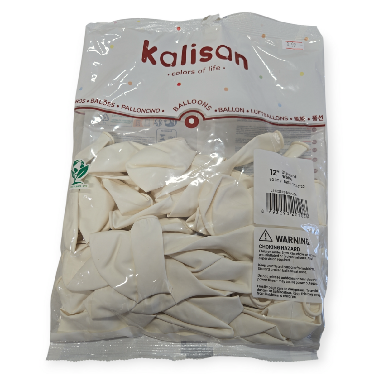 White 12-inch latex balloons in natural rubber, 50-count bag