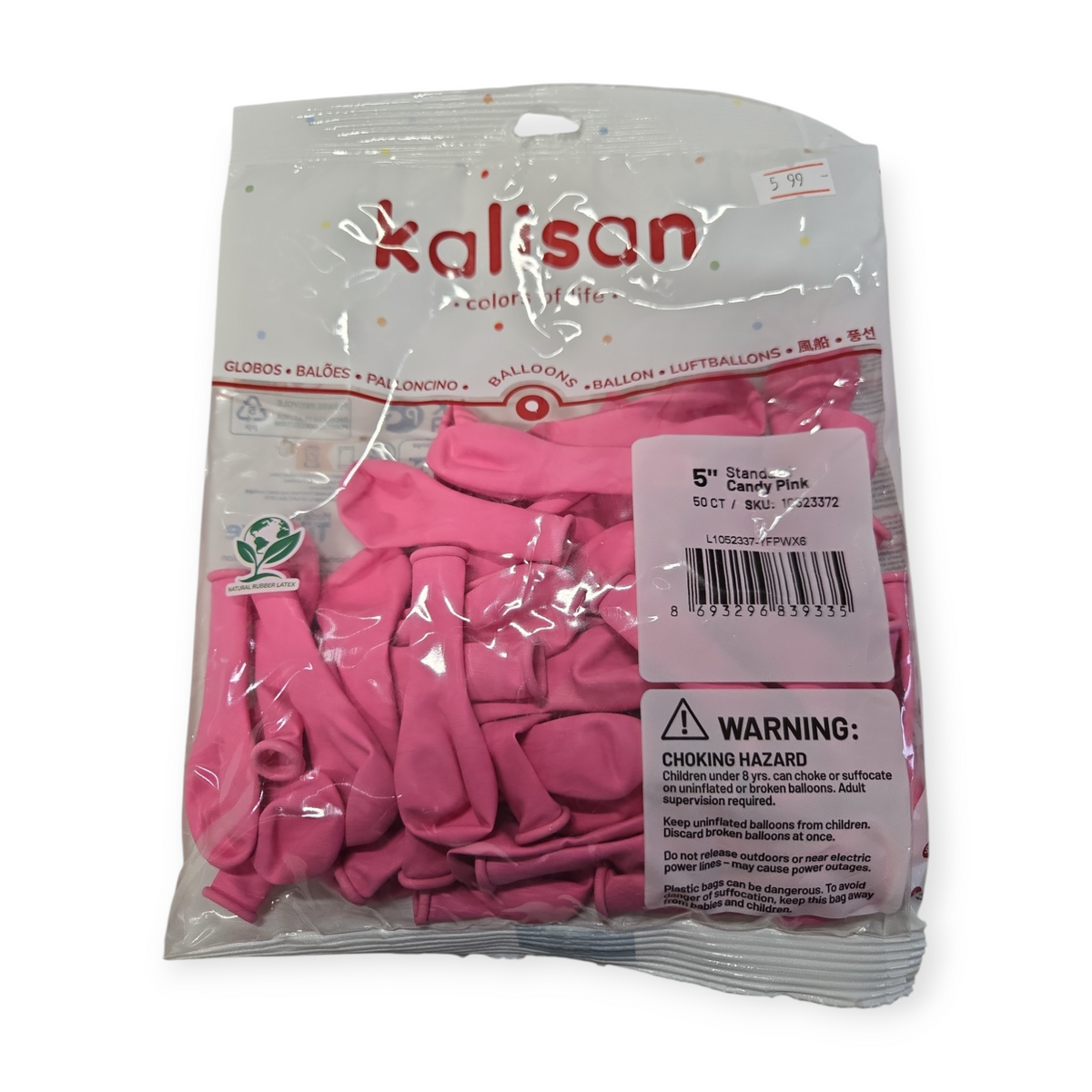 Kalisan 5-inch candy pink latex balloons in sealed pack, 50 count