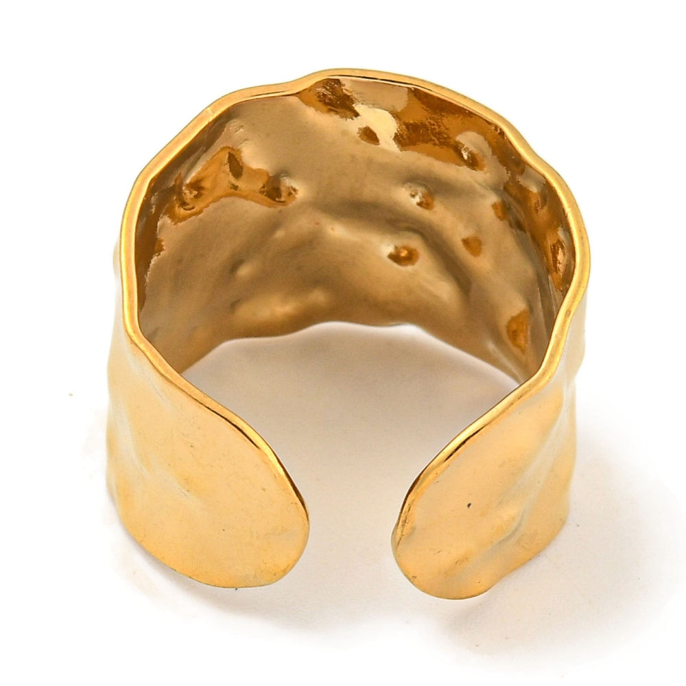 Hammered gold wide open cuff ring with rounded edges and adjustable sizing