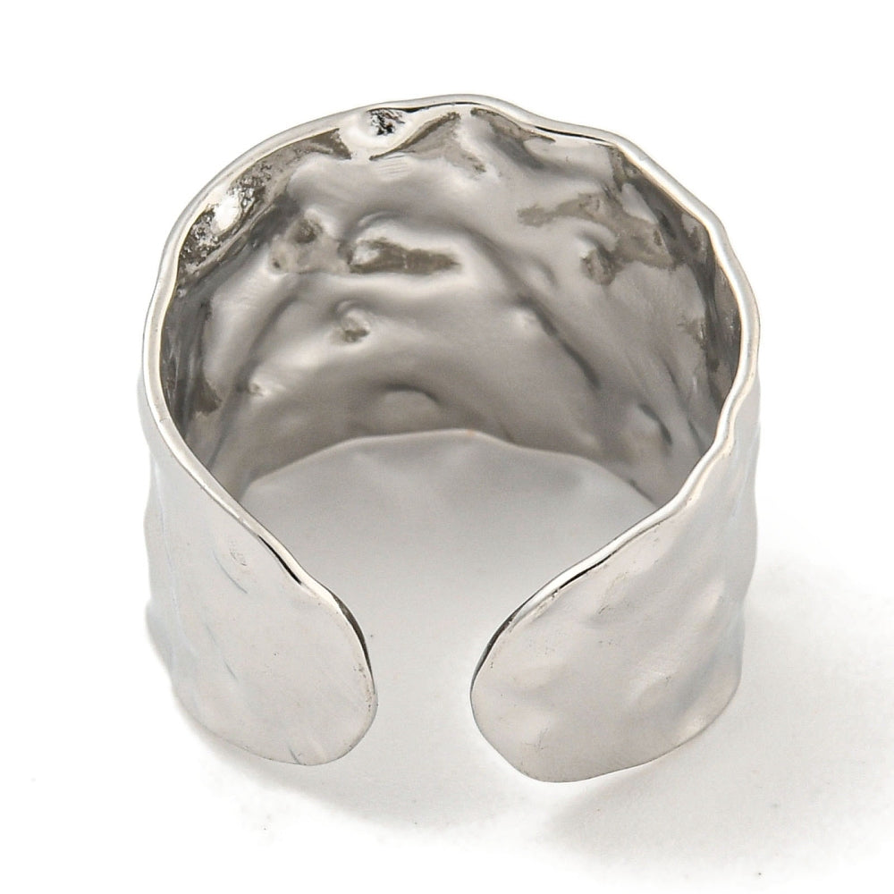 Hammered open cuff ring, silver-tone interior view, curved open ends, adjustable