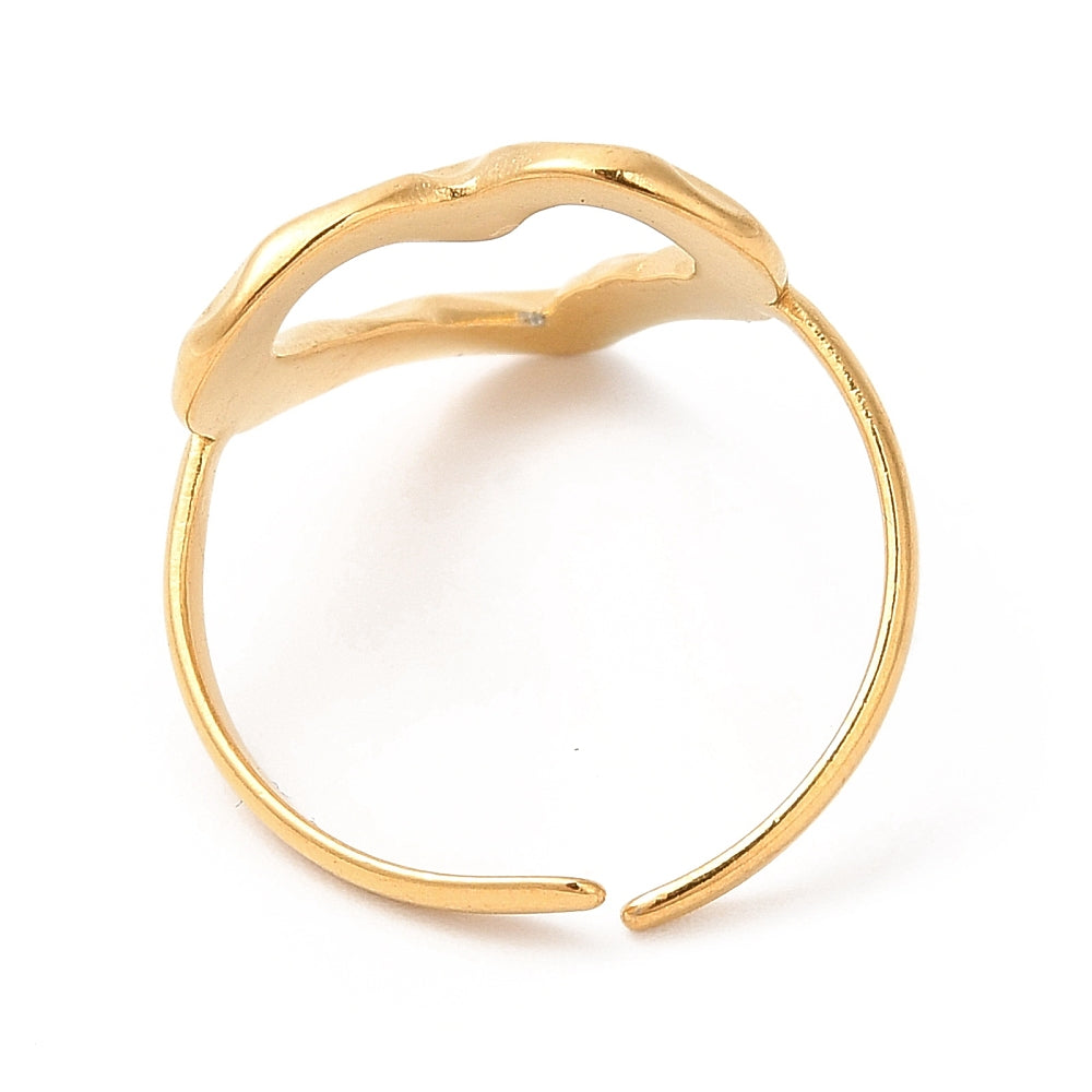 Gold open cuff ring with smooth curved open band and hollow heart frame