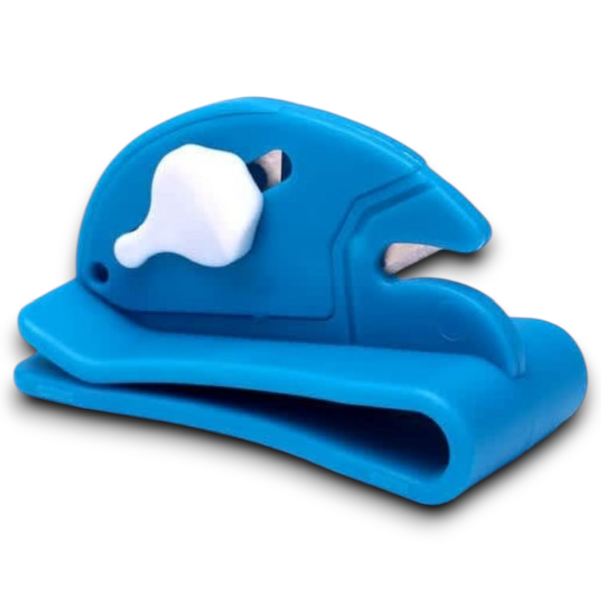 Blue ribbon cutter tool with white handle grip and safety cover