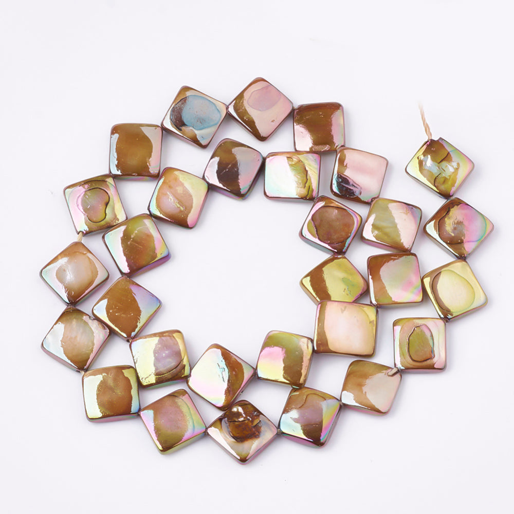 Freshwater shell bead strand with dark goldenrod iridescent rhombus beads in circle
