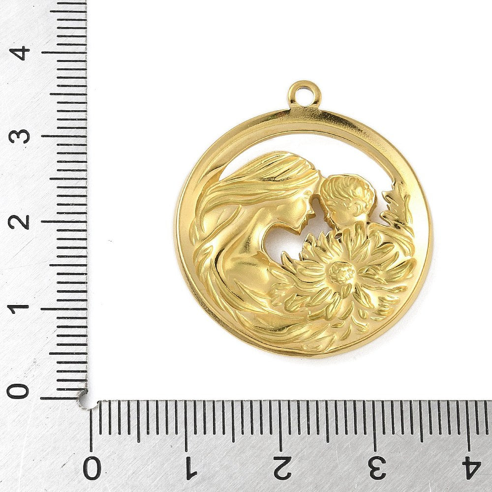 Gold round mom and baby pendant with top loop bail, shown with measurement marks