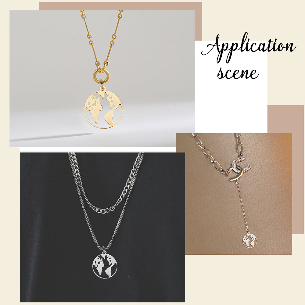 World map pendant necklace, circular stainless steel globe charm on chain