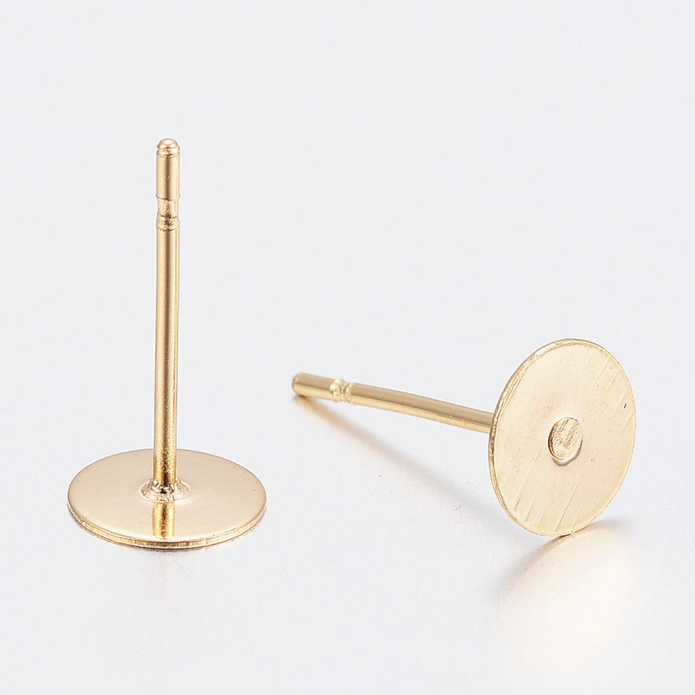 Gold-plated round flat stud earring finding with 6mm disc and long straight post