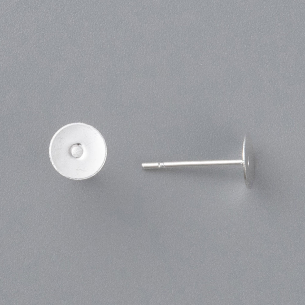 Flat round stud earring finding head with center hole and straight post, silver tone