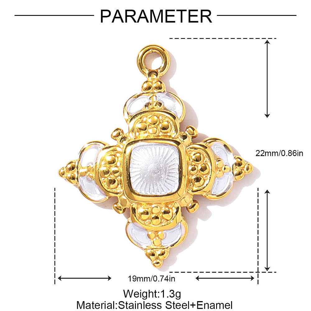 Enamel flower charm with white petals, gold-tone center frame; 22 x 19 mm size