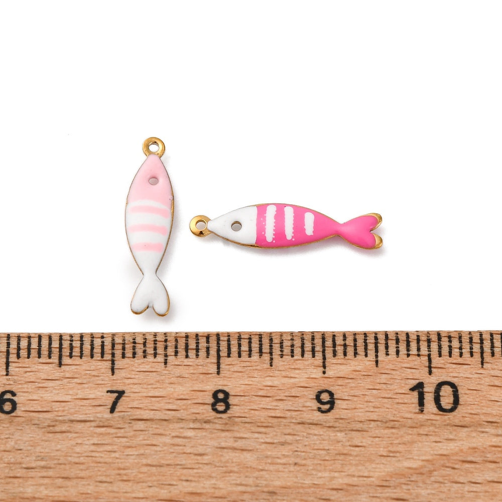 Sardine fish enamel charms, light pink and pink striped bodies with gold-tone loops.