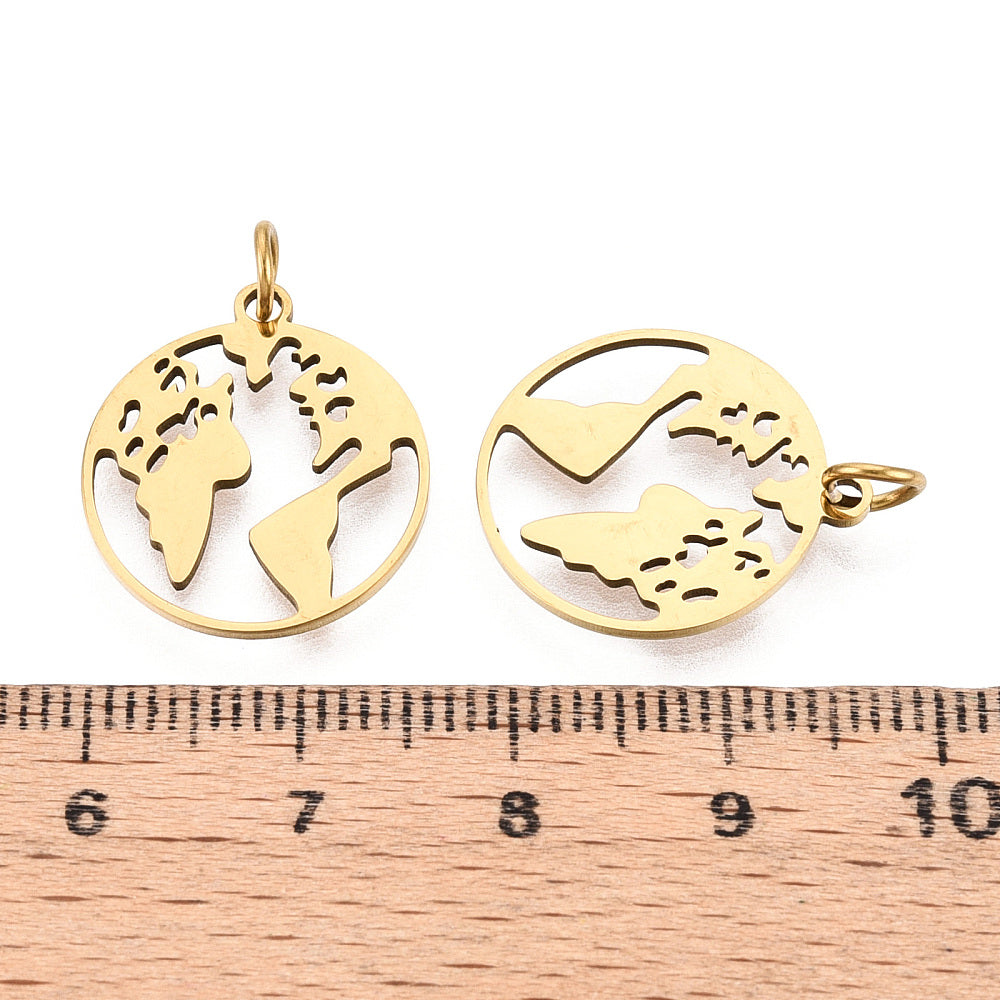 Round world map pendant charm, gold-tone, with loop bail and cutout continents